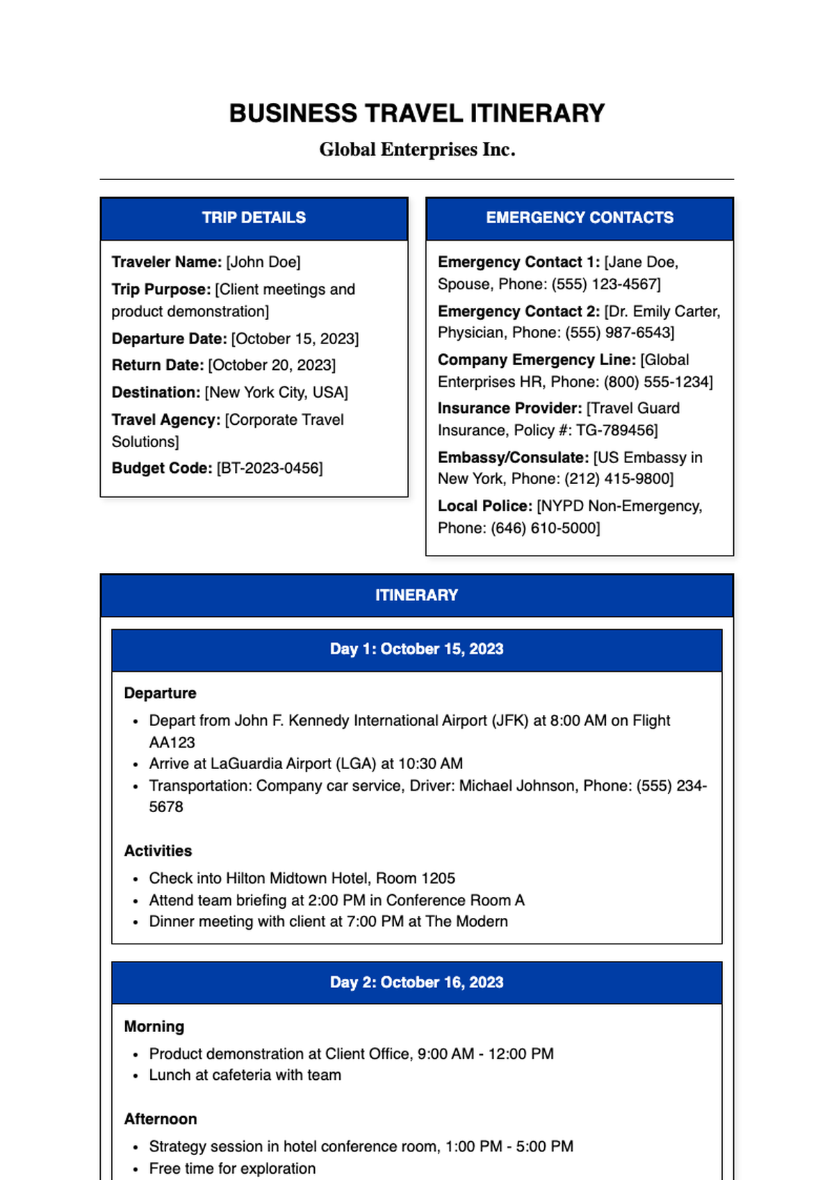 Business travel itinerary template with trip details and emergency contacts_variant_2